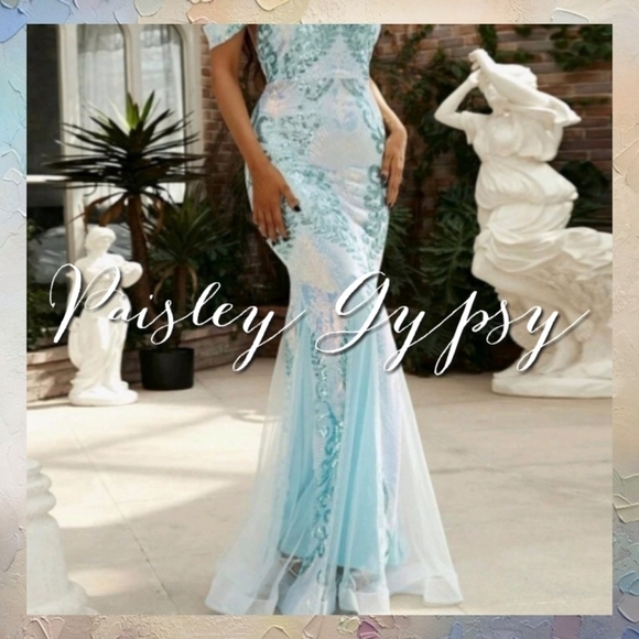 BABY BLUE HALTER STYLE, SLEEVELESS BAROQUE MERMAID MAXI DRESS - Picture 5 of 16